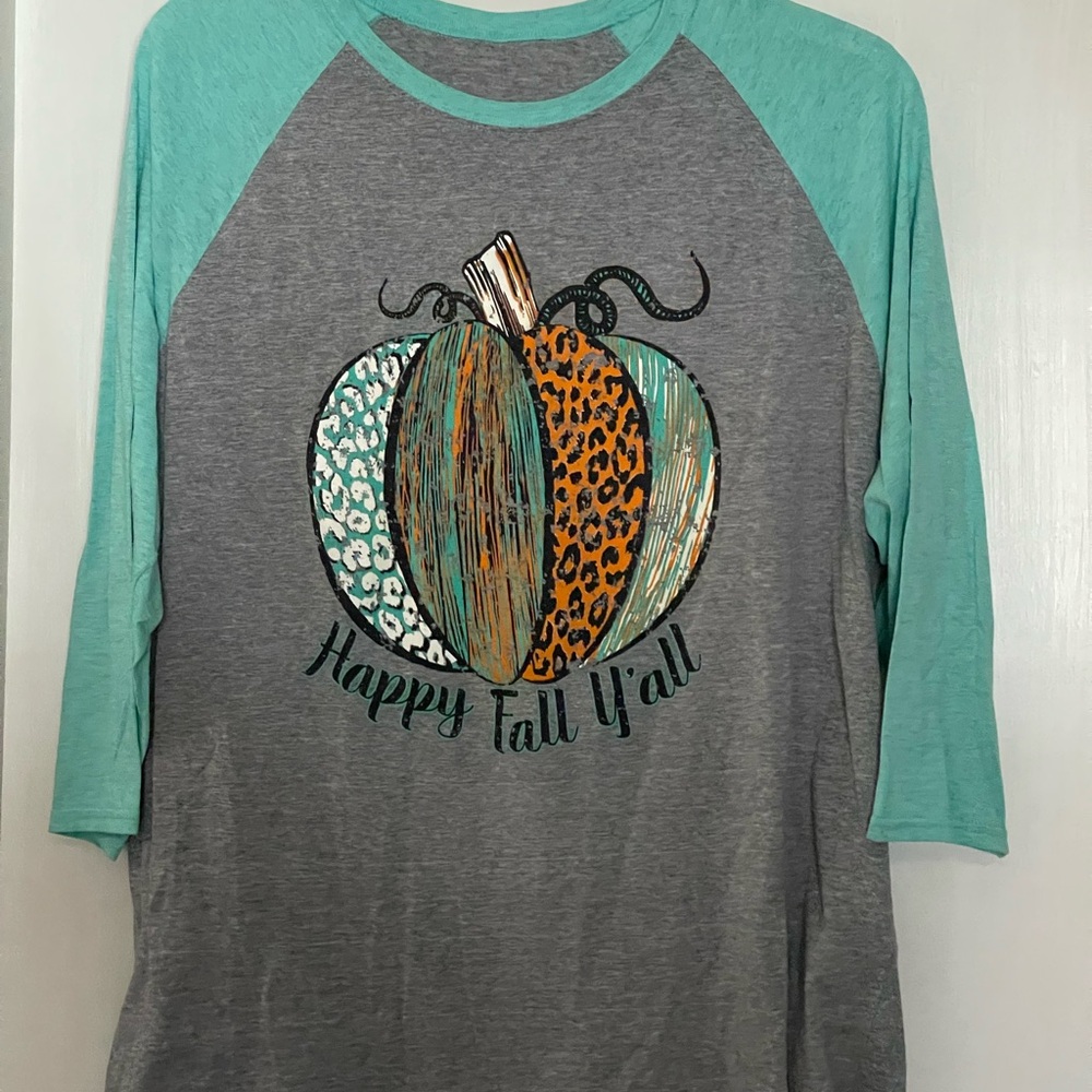 Teal and Gray Raglan Tee with Pumpkin Graphic